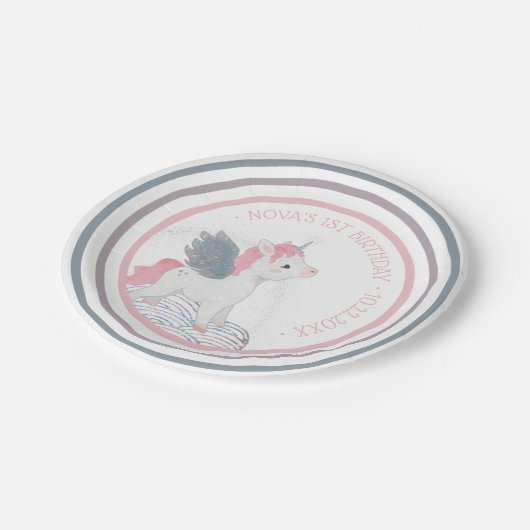 ピンクユニコーンウィングス誕生日紙プレート ペーパープレート (アングル)