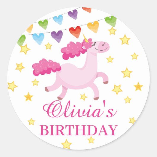 ピンクユニコーンガーリー誕生日マジカルパーティー ラウンドシール (正面)