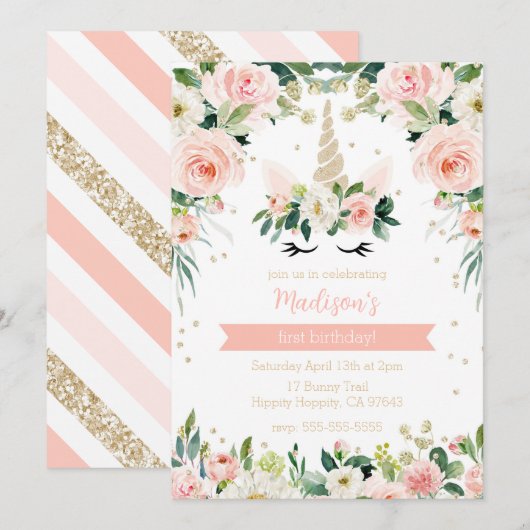 ピンクユニコーンガーリー誕生日 招待状 (正面/裏面)