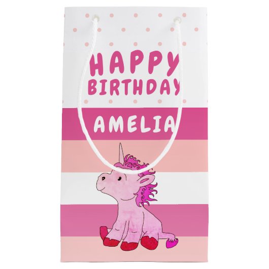 ピンクユニコーンガールハッピーバースデー スモールペーパーバッグ (正面)