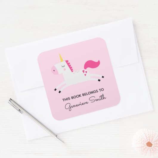ピンクユニコーンキッズ蔵書票 スクエアシール (封筒)