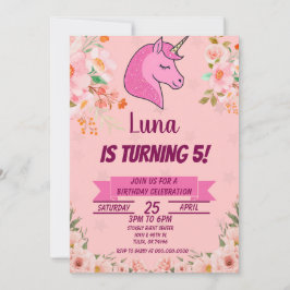 ピンクユニコーングリッターコンフェッティ誕生日パーティー 招待状