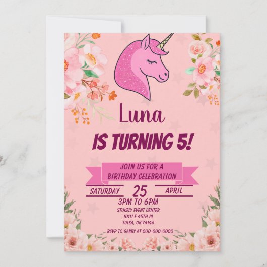 ピンクユニコーングリッターコンフェッティ誕生日パーティー 招待状 (正面)