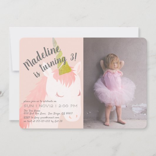 ピンクユニコーングリッターフォト誕生日招待状 招待状 (正面)