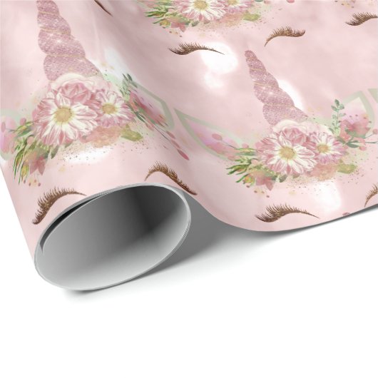 ピンクユニコーングリッターフローラ金ゴールド赤面スウィート16th ラッピングペーパー (ロールコーナー)