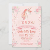 ピンクユニコーングリッター紙吹雪ガールベビーシャワー 招待状 (正面)