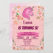 ピンクユニコーングリッター紙吹雪誕生日パーティー 招待状 (正面/裏面)