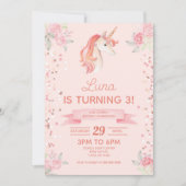 ピンクユニコーングリッター紙吹雪誕生日パーティー 招待状 (正面)