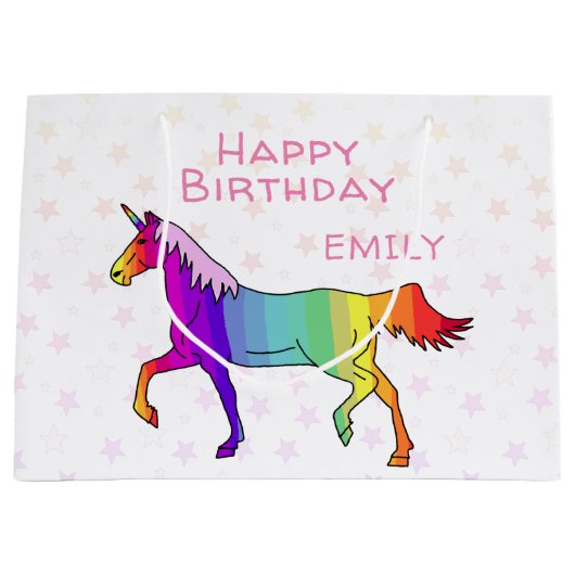 ピンクユニコーンスターズガール誕生日 ラージペーパーバッグ (正面)
