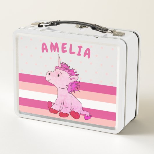 ピンクユニコーンストライプ水玉模様ガール  メタルランチボックス (裏面)