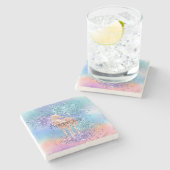 ピンクユニコーンスパープルアクアグリッター紙吹雪 ストーンコースター (横)