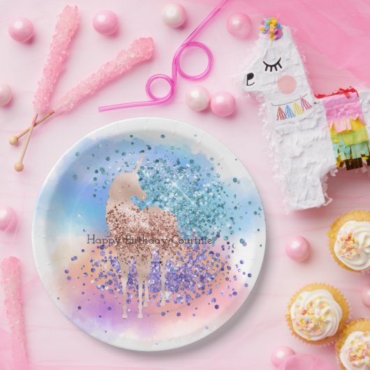 ピンクユニコーンスパープルアクアグリッター紙吹雪 ペーパープレート (パーティー)