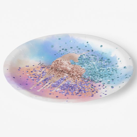 ピンクユニコーンスパープルアクアグリッター紙吹雪 ペーパープレート (アングル)