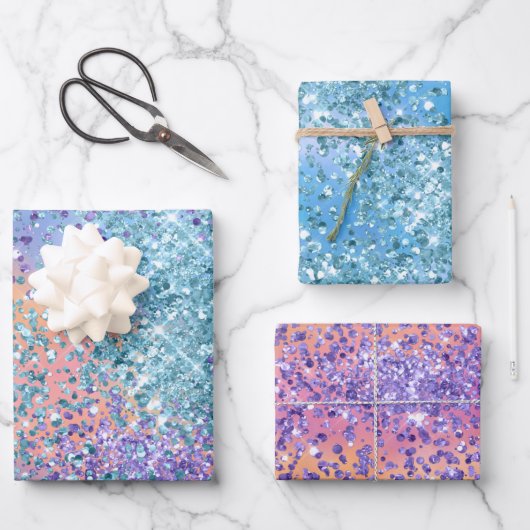 ピンクユニコーンスパープルアクアグリッター紙吹雪 ラッピングペーパーシート (正面)