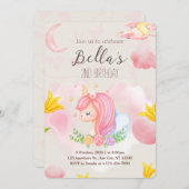 ピンクユニコーンセカンド誕生日招待状 招待状 (正面/裏面)