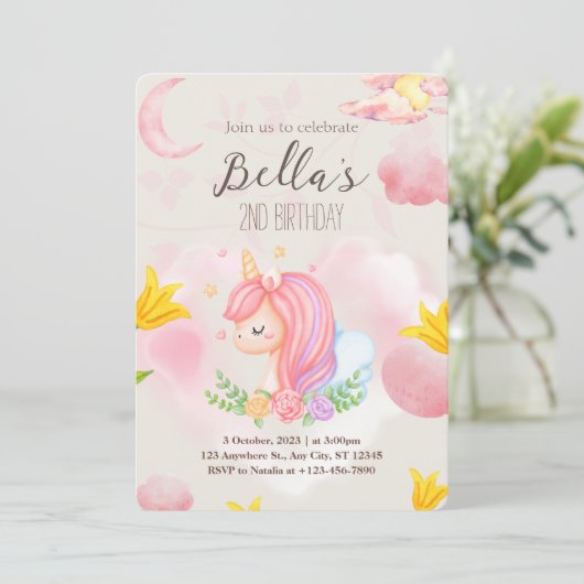 ピンクユニコーンセカンド誕生日招待状 招待状 (スタンド正面)