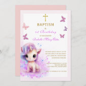 ピンクユニコーンバプティスファースト誕生日招待状 招待状 (正面/裏面)