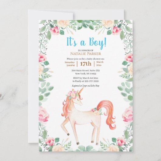ピンクユニコーンバラフローラ緑の男の子ベビーシャワー 招待状 (正面)
