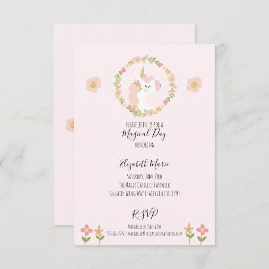 ピンクユニコーンバースデーパーティ招待状 招待状 (正面/裏面)