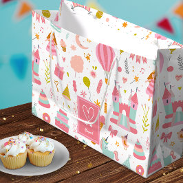 ピンクユニコーンパーティーパタモノグラムのーン女の子 ラージペーパーバッグ