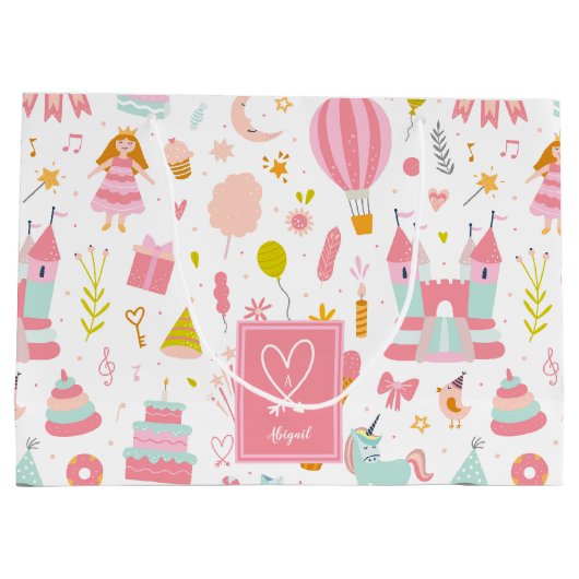 ピンクユニコーンパーティーパタモノグラムのーン女の子 ラージペーパーバッグ (裏面)