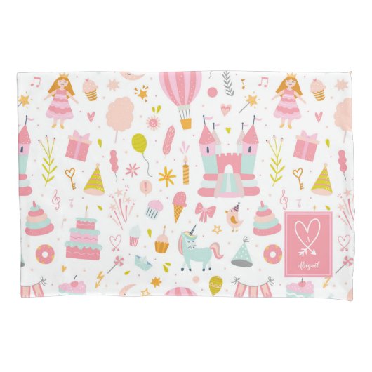 ピンクユニコーンパーティーパタモノグラムのーン女の子 枕カバー (正面)