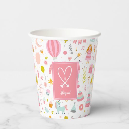 ピンクユニコーンパーティーパタモノグラムのーン女の子 紙コップ (裏面)