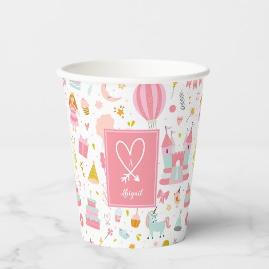 ピンクユニコーンパーティーパタモノグラムのーン女の子 紙コップ (正面)