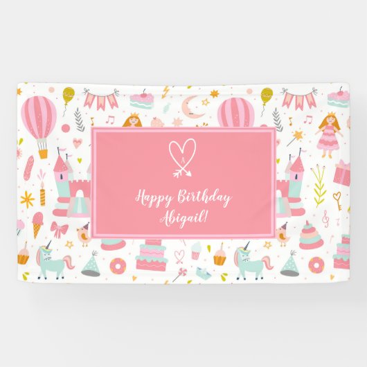 ピンクユニコーンパーティーパターンガールキッドハッピーバースデー 横断幕 (横)