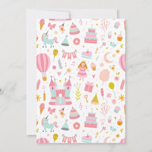 ピンクユニコーンパーティーパターンガールキッド誕生日 招待状 (裏面)