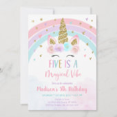 ピンクユニコーンファイブは魔法の雰囲気誕生日 招待状 (正面)