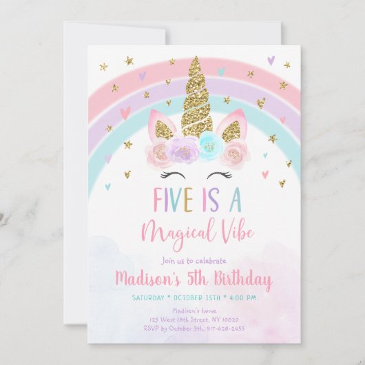 ピンクユニコーンファイブは魔法の雰囲気誕生日 招待状 (正面)