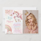 ピンクユニコーンフォーエバーマジカル誕生日写真 招待状 (正面)