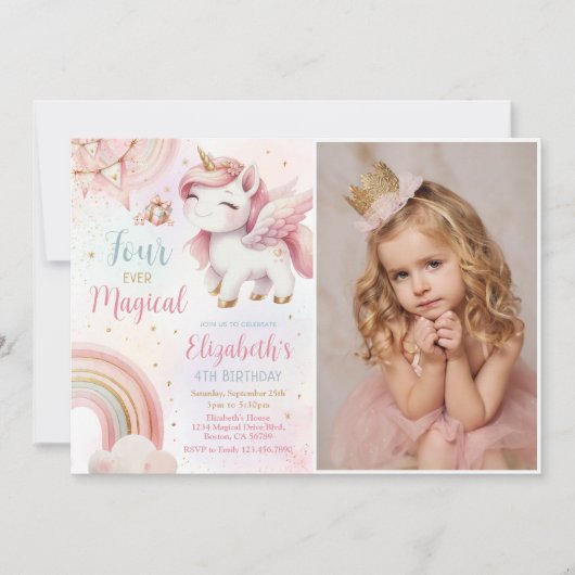 ピンクユニコーンフォーエバーマジカル誕生日写真 招待状 (正面)