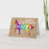 ピンクユニコーンフラワーオールド紙ガールハッピーバースデー カード (正面)