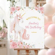 ピンクユニコーンフラワー誕生日パーティーウェルカムサイン