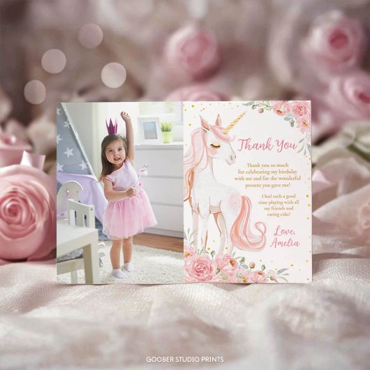 ピンクユニコーンフラワー誕生日パーティー写真 サンキューカード