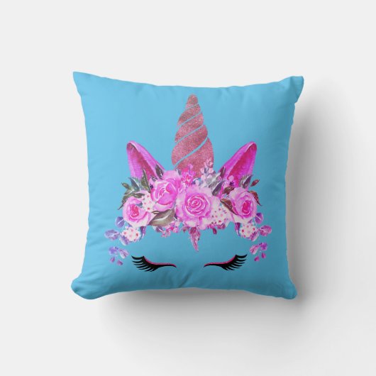 ピンクユニコーンフローラプリント装飾用クッション クッション (正面)