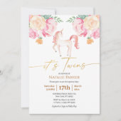 ピンクユニコーンフローラ水彩ベビーツインシャワー 招待状 (正面)