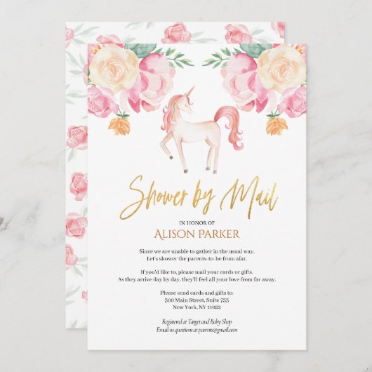 ピンクユニコーンフローラ水彩赤ちゃんシャワーbyメール 招待状 (正面/裏面)