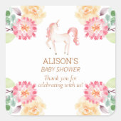 ピンクユニコーンフローラ緑の赤ちゃんシャワーありがとう スクエアシール (正面)