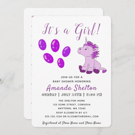 ピンクユニコーンベビーガールシャワー招待状カード 招待状 (正面/裏面)