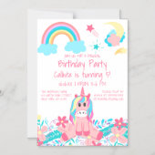 ピンクユニコーンレインボームーンスターズフラワーズ誕生日 マグネット招待状 (正面)