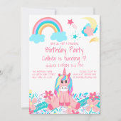 ピンクユニコーンレインボームーンスターズフラワーズ誕生日 招待状 (正面)