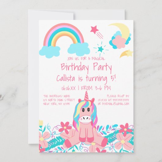 ピンクユニコーンレインボームーンスターズフラワーズ誕生日 招待状 (正面)