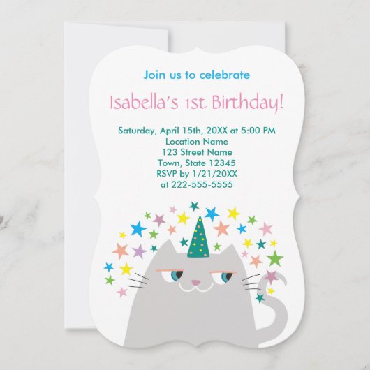 ピンクユニコーン女の子1歳の誕生日 招待状 (正面)