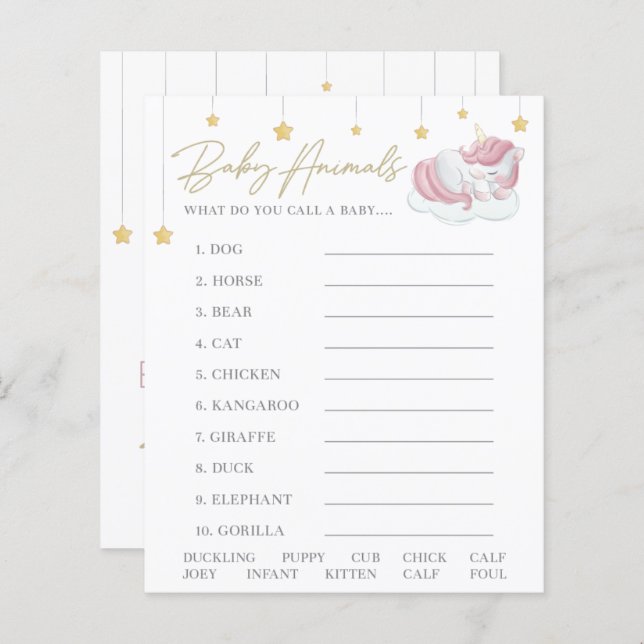 ピンクユニコーン星赤ちゃんシャワー動物ゲーム (正面/裏面)