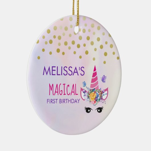 ピンクユニコーン紙吹雪&フラワーファースト誕生日 セラミックオーナメント (右)