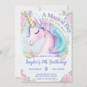 ピンクユニコーン誕生日金ゴールドレインボー招待状 招待状 (正面)