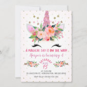 ピンクユニコーン顔フローラ誕生日招待状 招待状 (正面)